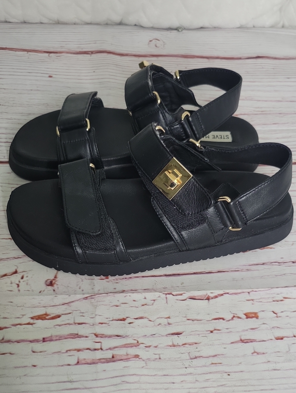 Steve Madden Black Strappy Leather Sandals with Gold Accent